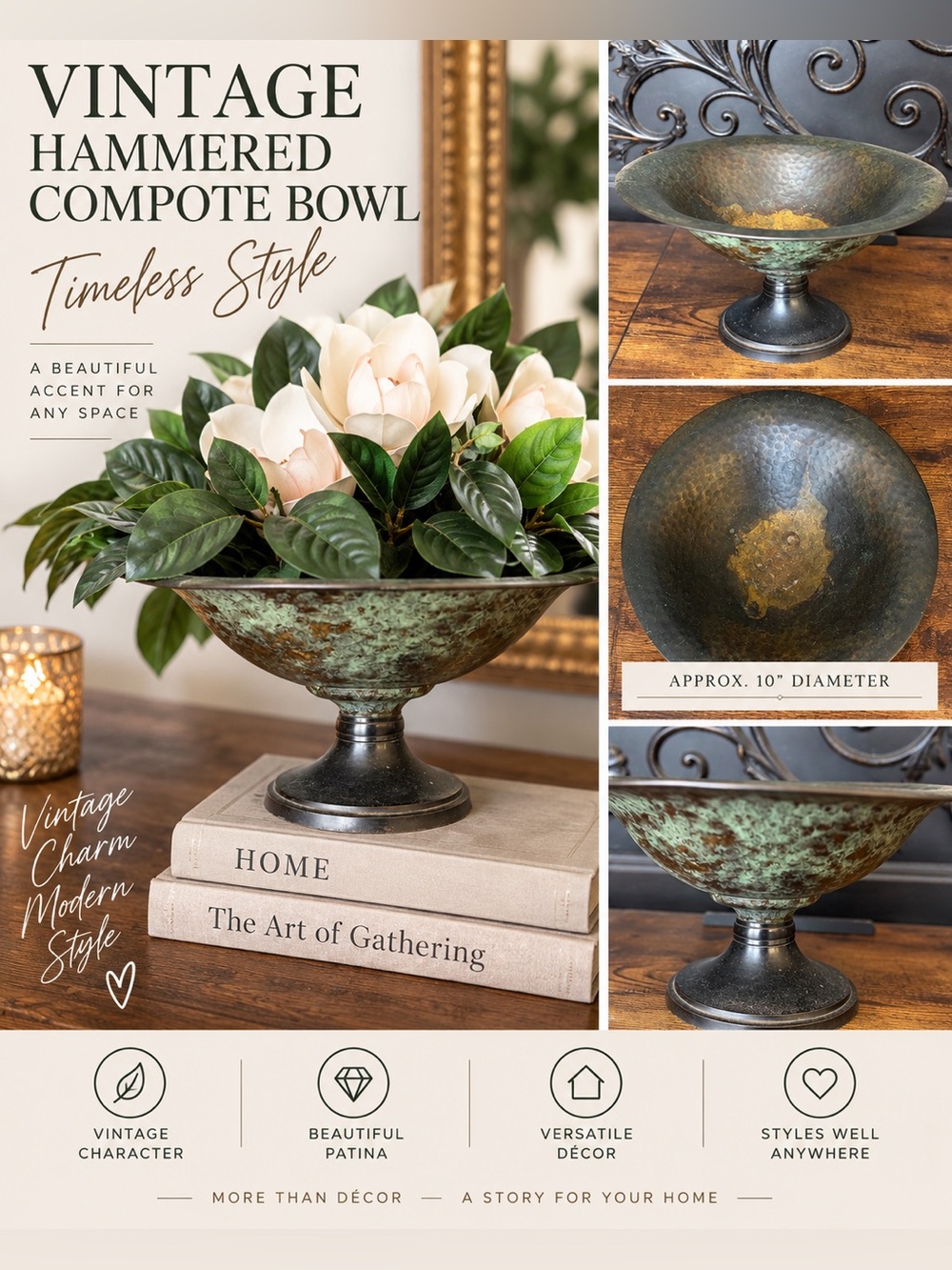 Vintage Hammered Metal Pedestal Compote Bowl Verdigris Patina 10”